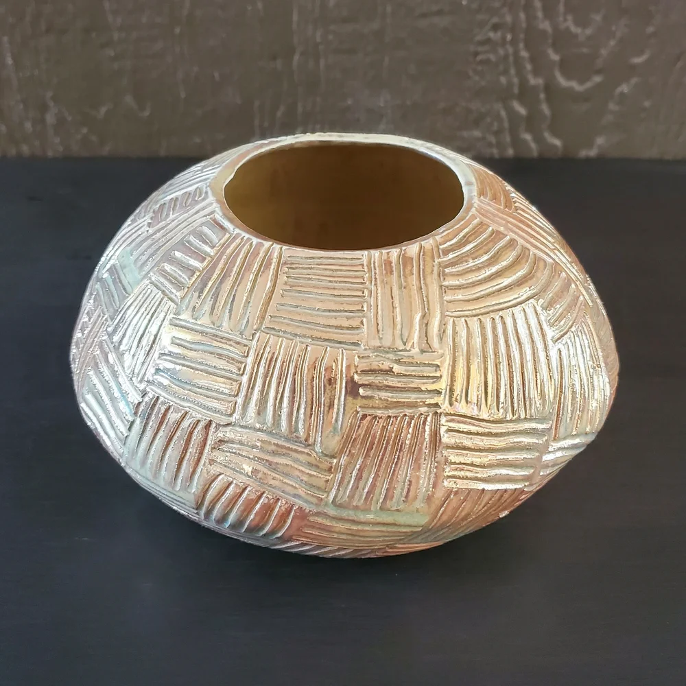 Vintage Signed Studio Art Pottery Gold Vase Set - Picture 3 of 10